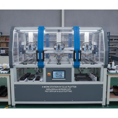 Ploter kleju XY z 4 stanowiskami roboczymi i rozmiarem roboczym 3000 x 2000 mm do zastosowań związanych z klejeniem na gorąco i na zimno